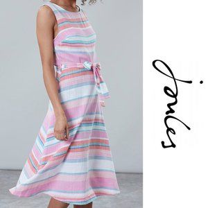 Joules Fiona Dress Stripe Midi Cotton Belted Sleeveless Pink Blue White Size 2